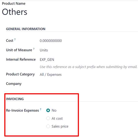Odoo Expenses ilovasidagi Expense Category formasidagi Re-Invoice Expenses maydoni.