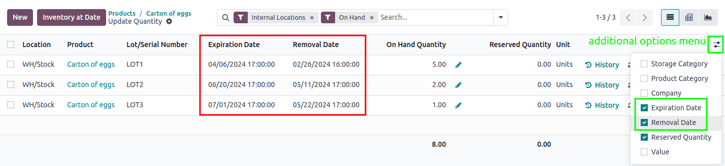 Show expiration dates from the inventory adjustments model accessed from the On Hand
smart button from the product form.
