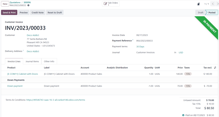 Odoo Sales da in payment banner bilan ikkinchi oldindan to'lov hisob-kitobi.