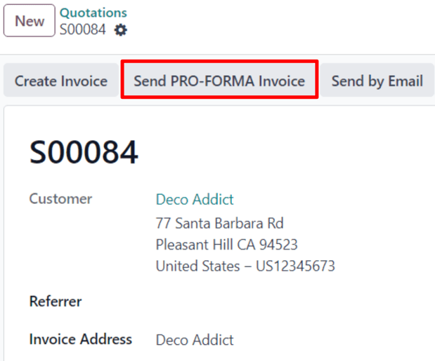 Odoo Sales dasturidagi oddiy sotuv buyurtmasidagi Send Pro-Forma Invoice tugmasi.