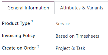 Xizmat mahsuloti uchun Invoicing Policy va Create on Order maydonlarining to'g'ri sozlamalari.