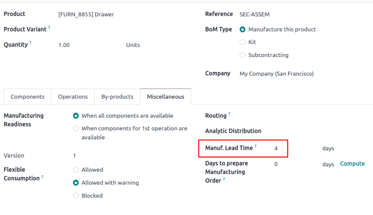Manuf. Lead Time value specified on a products Bill of Material form.
