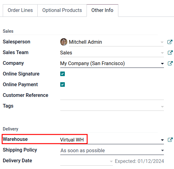 Set virtual warehouse as the Warehouse field in sales orders Other Info tab.
