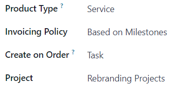 Formada "Service" "Product Type" va Create on Order maydonida "Task" bilan mahsulot.