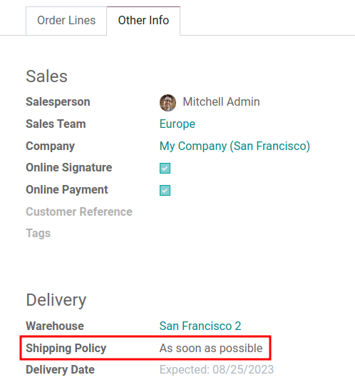 Show Shipping Policy field in the Other Info tab of a quotation.