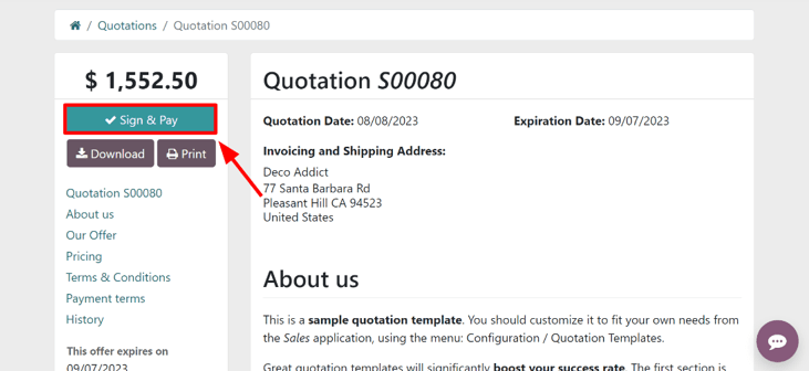 Odoo Sales'da onlayn kotirovkalarda mavjud bo'lgan Sign and Pay tugmasi.
