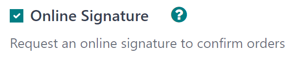 Odoo Sales ilovasining sozlamalarida Online Signature funksiyasi opsiyasi.