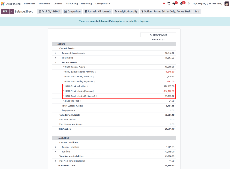 Odoo Accounting ilovasida to'liq inventar baholash taqsimotini ko'rish.