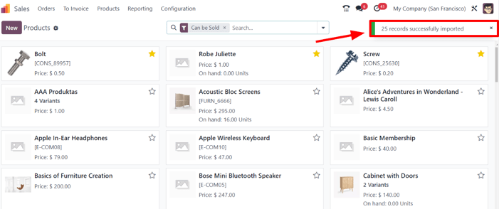Odoo Sales modulida mahsulot import jarayoni muvaffaqiyatli bo'lgandan so'ng paydo bo'ladigan popup oyna.