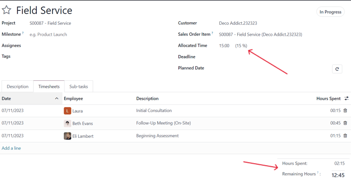 Odoo Sales va Odoo Project'da vazifa formasida Timesheets bo'limining ko'rinishi.