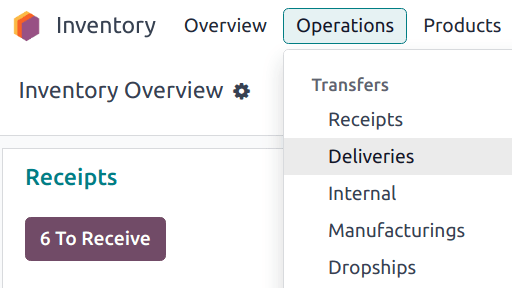 Show all transfer types in a drop-down menu: Receipts, Deliveries, Internal Transfers,
Manufacturings, Batch Transfers, Dropships.