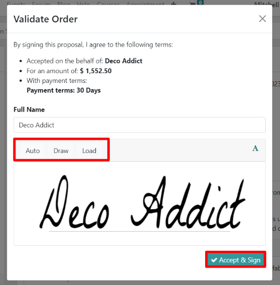 Odoo Sales'da onlayn imzolar uchun Validate Order qalqib chiquvchi oynasi.